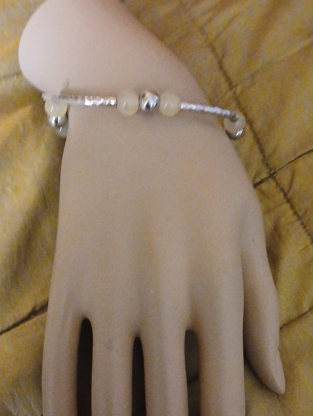 Silver and Cream Beaded Stretch Bracelet